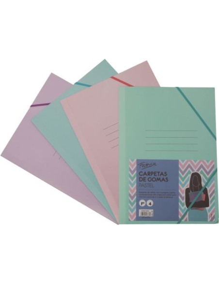 PAQ 4 CARPETA CARTON Fº GOMAS Y SOLAPAS PASTEL SURTIDOS